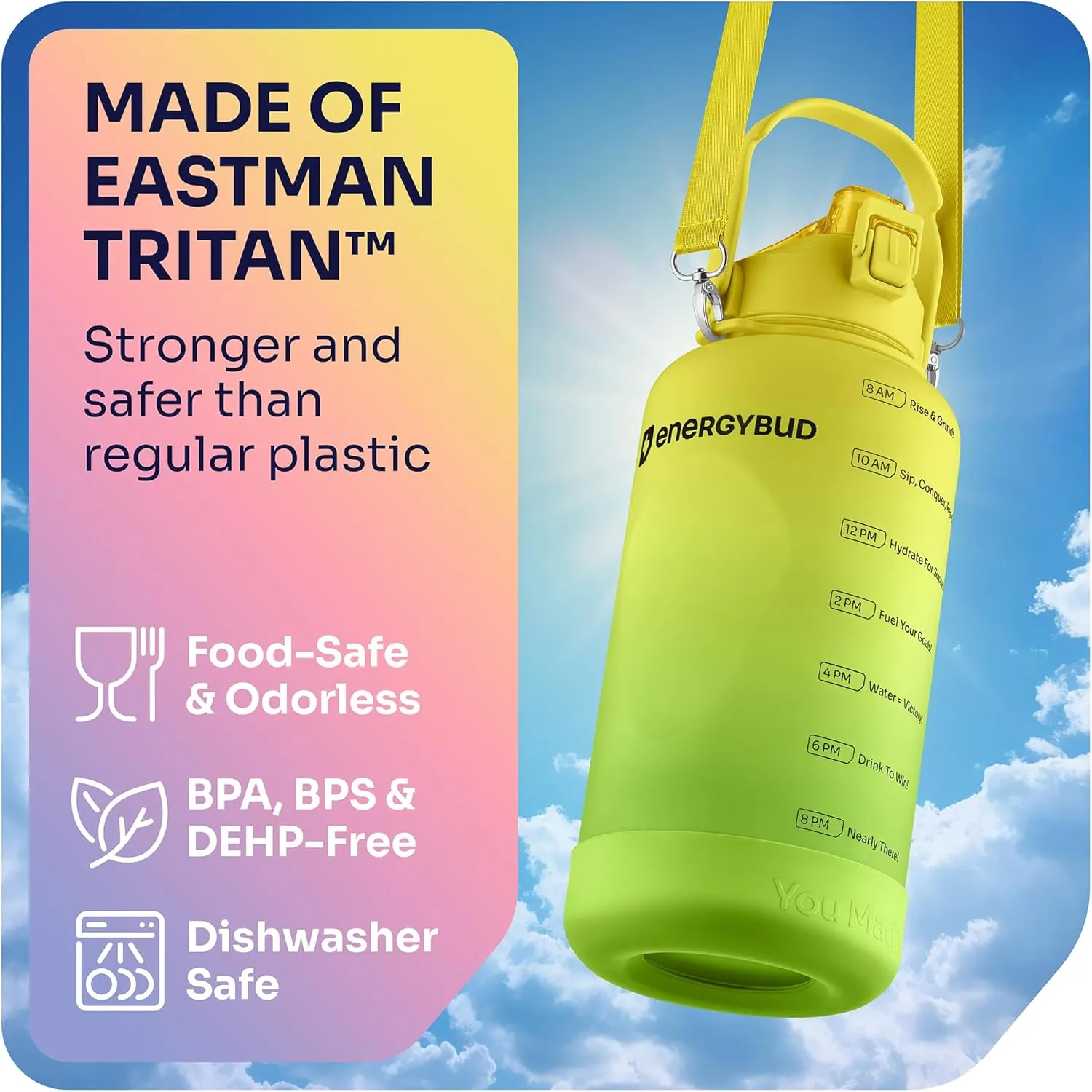 1 Gallon Water Bottle Removable Straw And Handle Dishwasher-Safe BPS & BPA & DEHP Free  2 Brushes Big/Large Bottle With Time Markers Wide Mouth Leakproof 128 oz Jug (Yellow & Green)