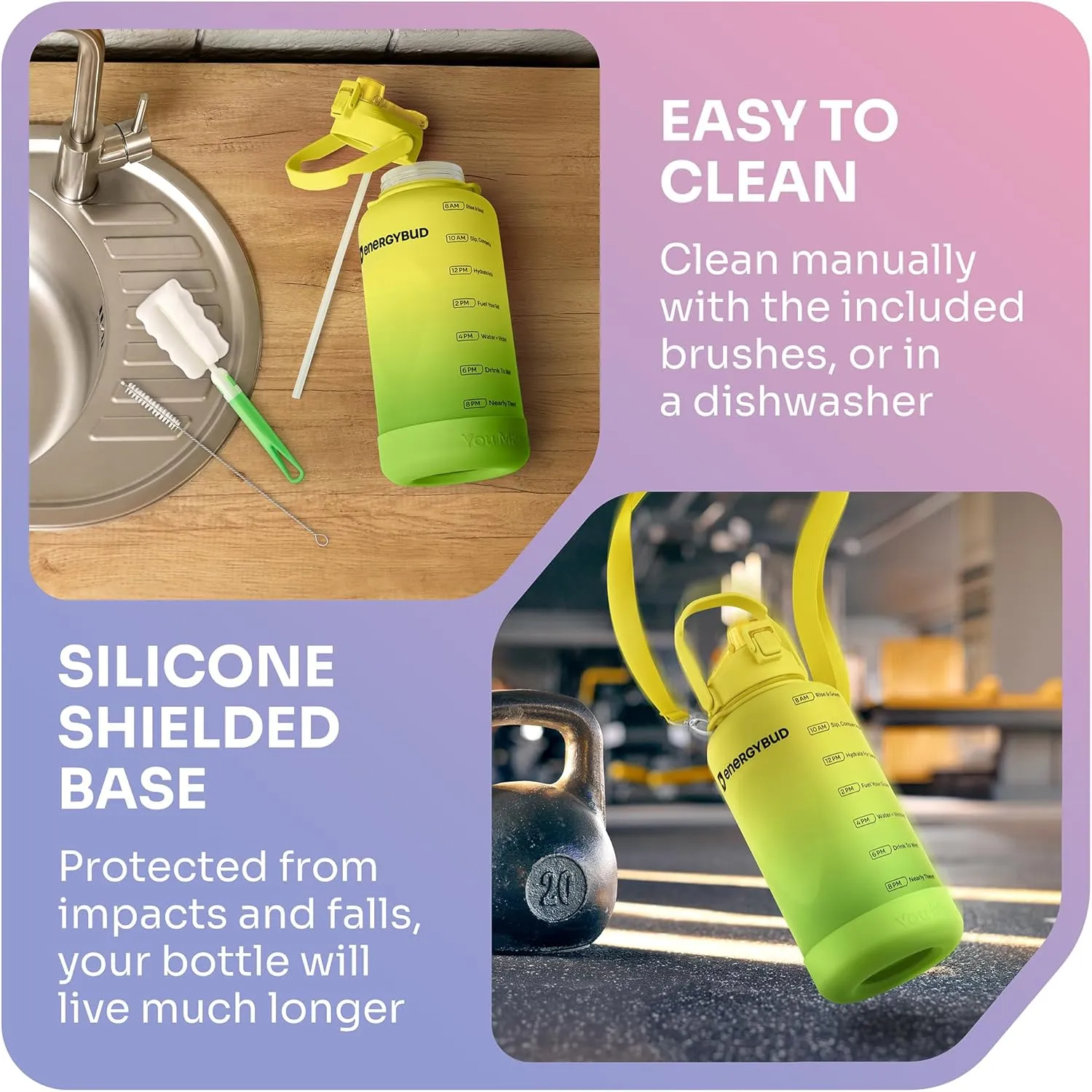 1 Gallon Water Bottle Removable Straw And Handle Dishwasher-Safe BPS & BPA & DEHP Free  2 Brushes Big/Large Bottle With Time Markers Wide Mouth Leakproof 128 oz Jug (Yellow & Green)