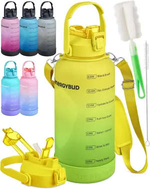 1 Gallon Water Bottle Removable Straw And Handle Dishwasher-Safe BPS & BPA & DEHP Free  2 Brushes Big/Large Bottle With Time Markers Wide Mouth Leakproof 128 oz Jug (Yellow & Green)