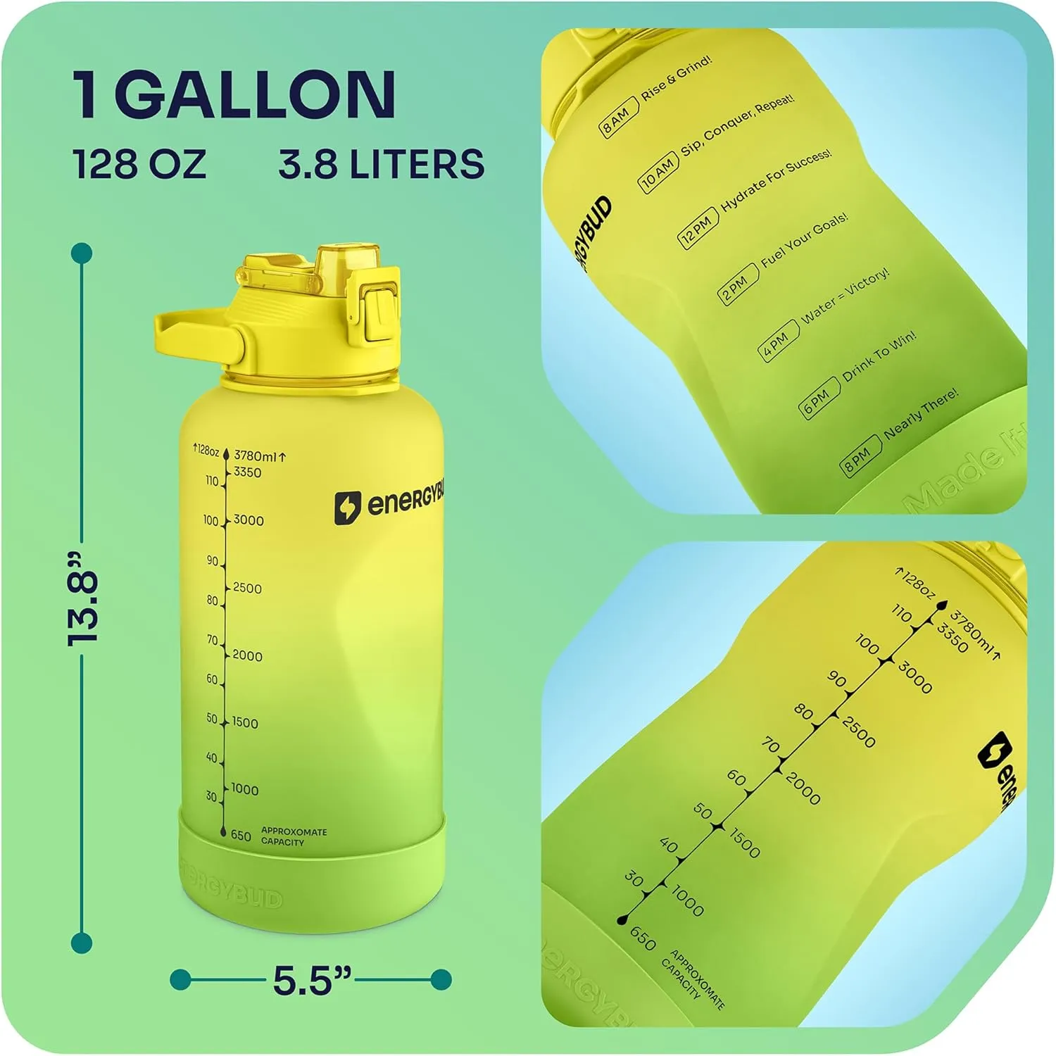 1 Gallon Water Bottle Removable Straw And Handle Dishwasher-Safe BPS & BPA & DEHP Free  2 Brushes Big/Large Bottle With Time Markers Wide Mouth Leakproof 128 oz Jug (Yellow & Green)