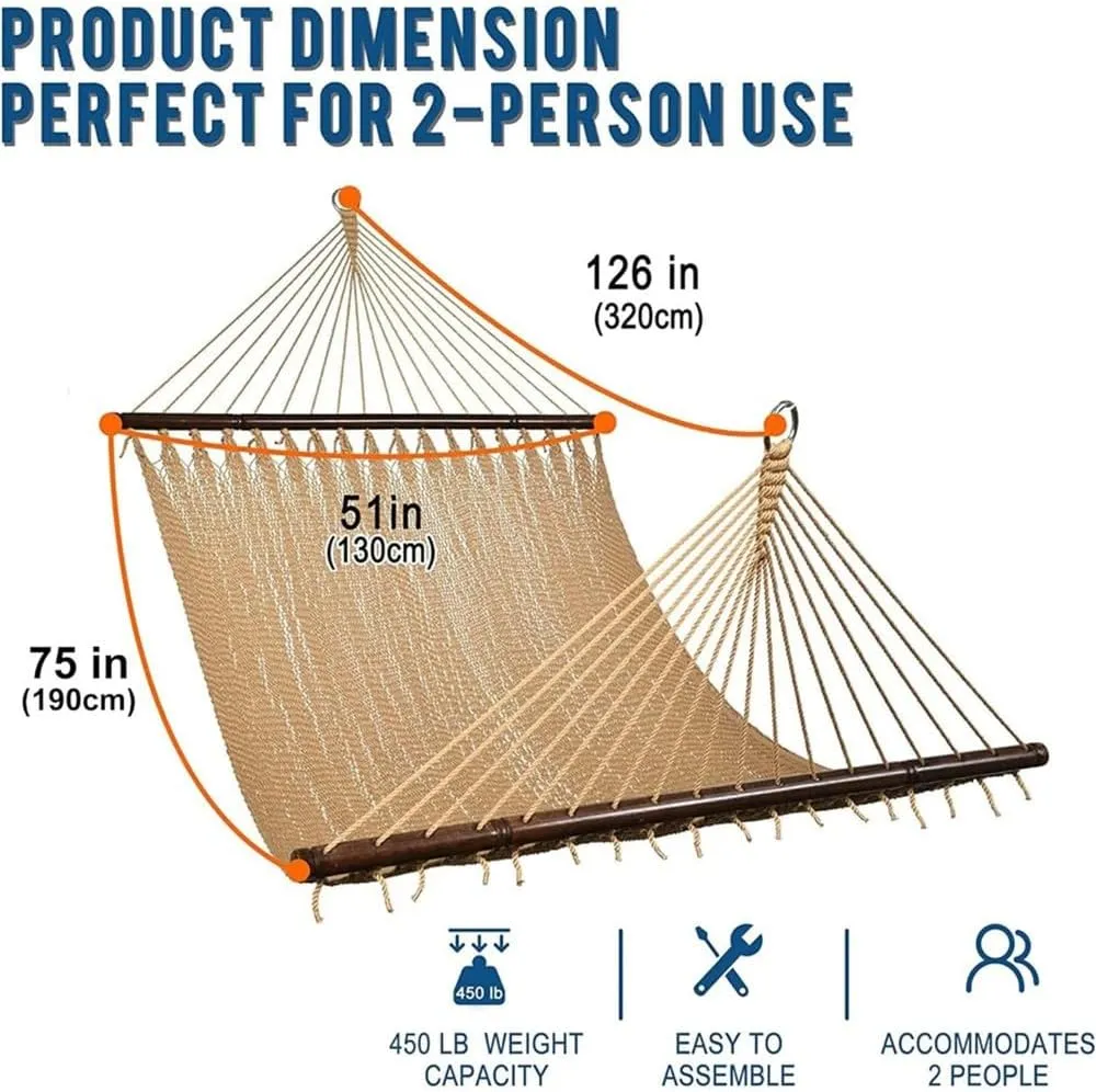 10 FT Double 2 Person Hammock Hand Woven Polyester Hammock with Spreader Bars Extra Large Outside Out,tan,one Size