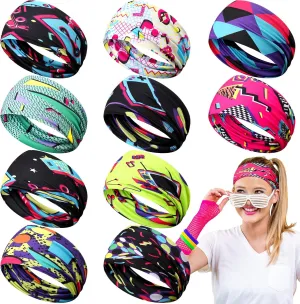 10 Pcs 80s 90s Workout Headbands for Women Men Neon Retro Headbands Sweatbands Sport Costumes for Cycling Yoga Sports