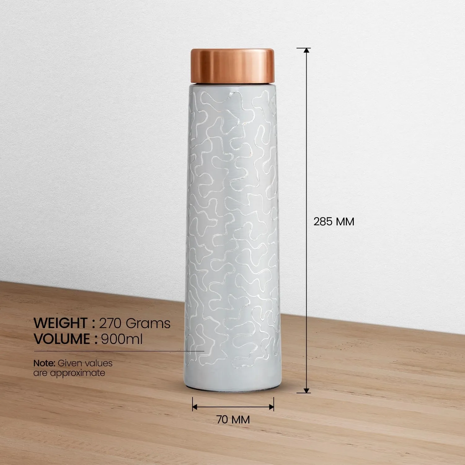 100% COPPER BOTTLE 34oz – Evokes the wave-like designs and copper lid for Healthy Hydration.