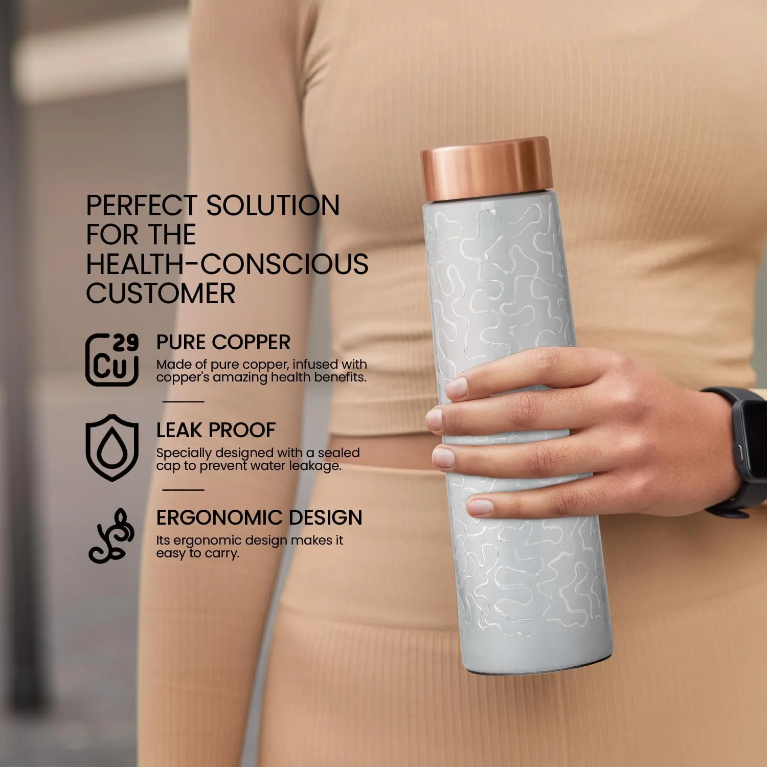 100% COPPER BOTTLE 34oz – Evokes the wave-like designs and copper lid for Healthy Hydration.