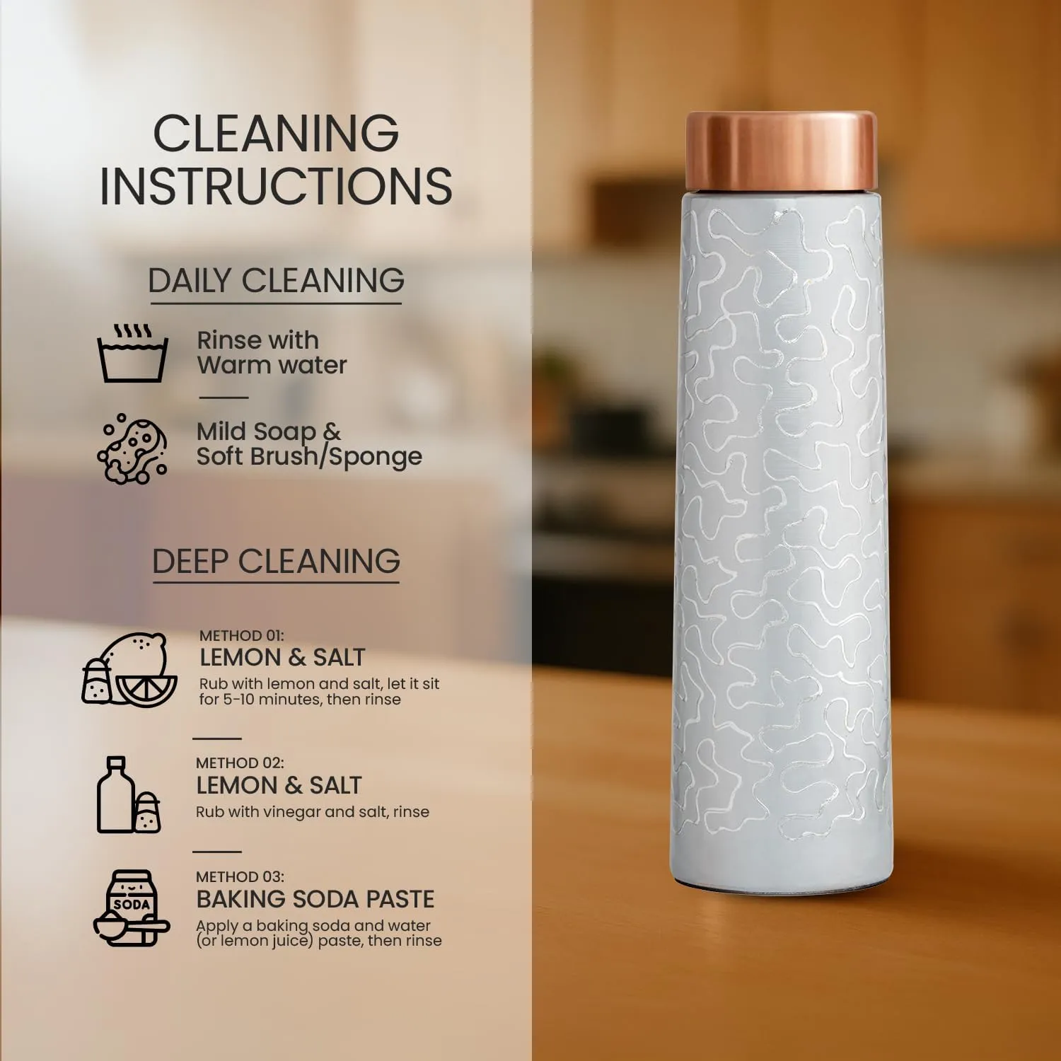 100% COPPER BOTTLE 34oz – Evokes the wave-like designs and copper lid for Healthy Hydration.