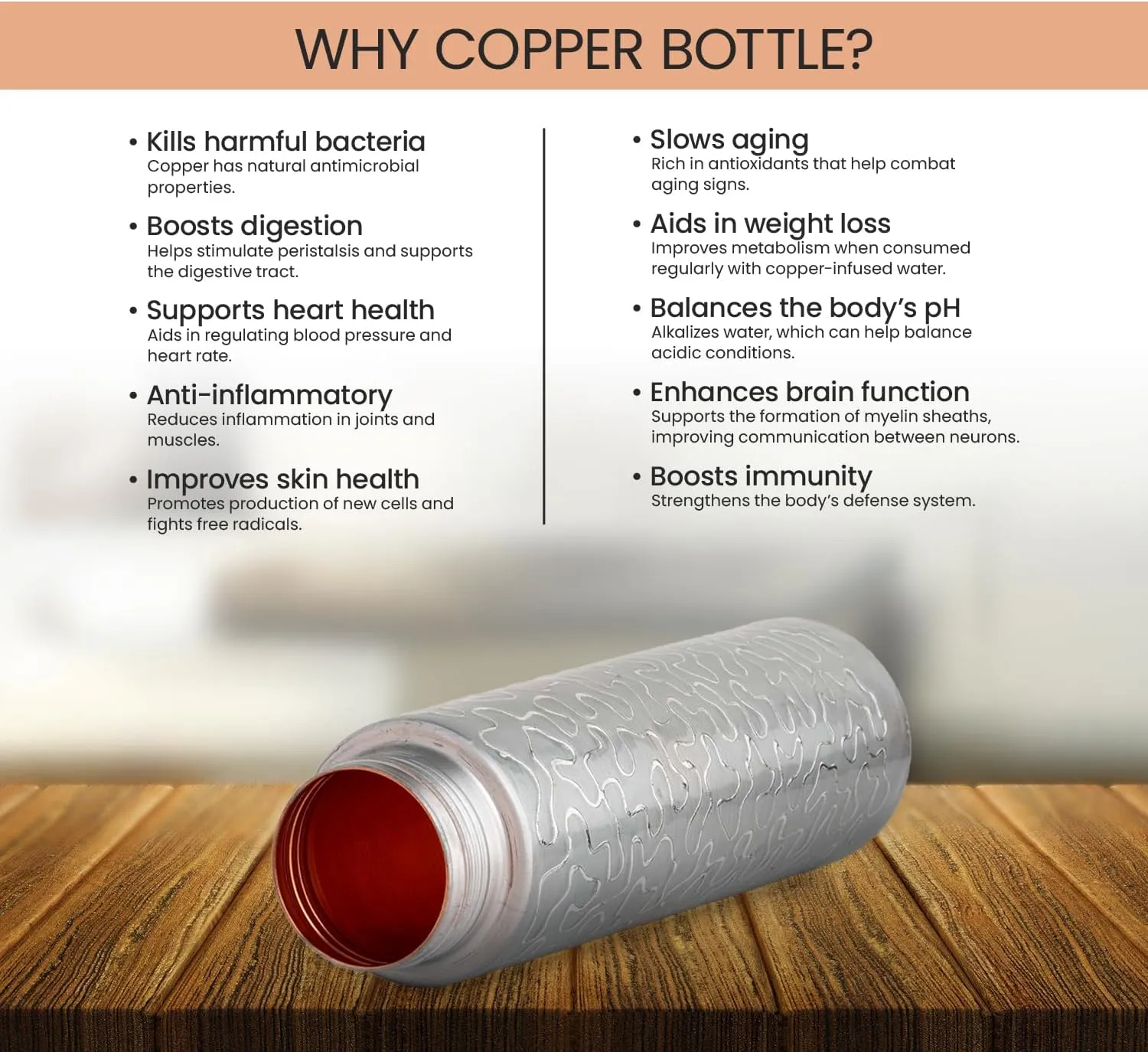 100% COPPER BOTTLE 34oz – Evokes the wave-like designs and copper lid for Healthy Hydration.