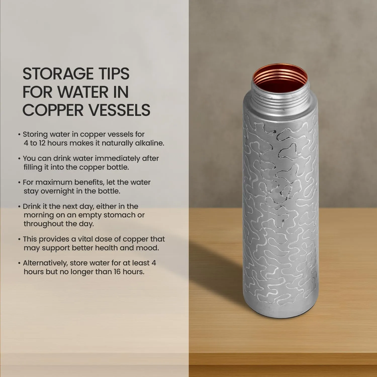 100% COPPER BOTTLE 34oz – Evokes the wave-like designs and copper lid for Healthy Hydration.