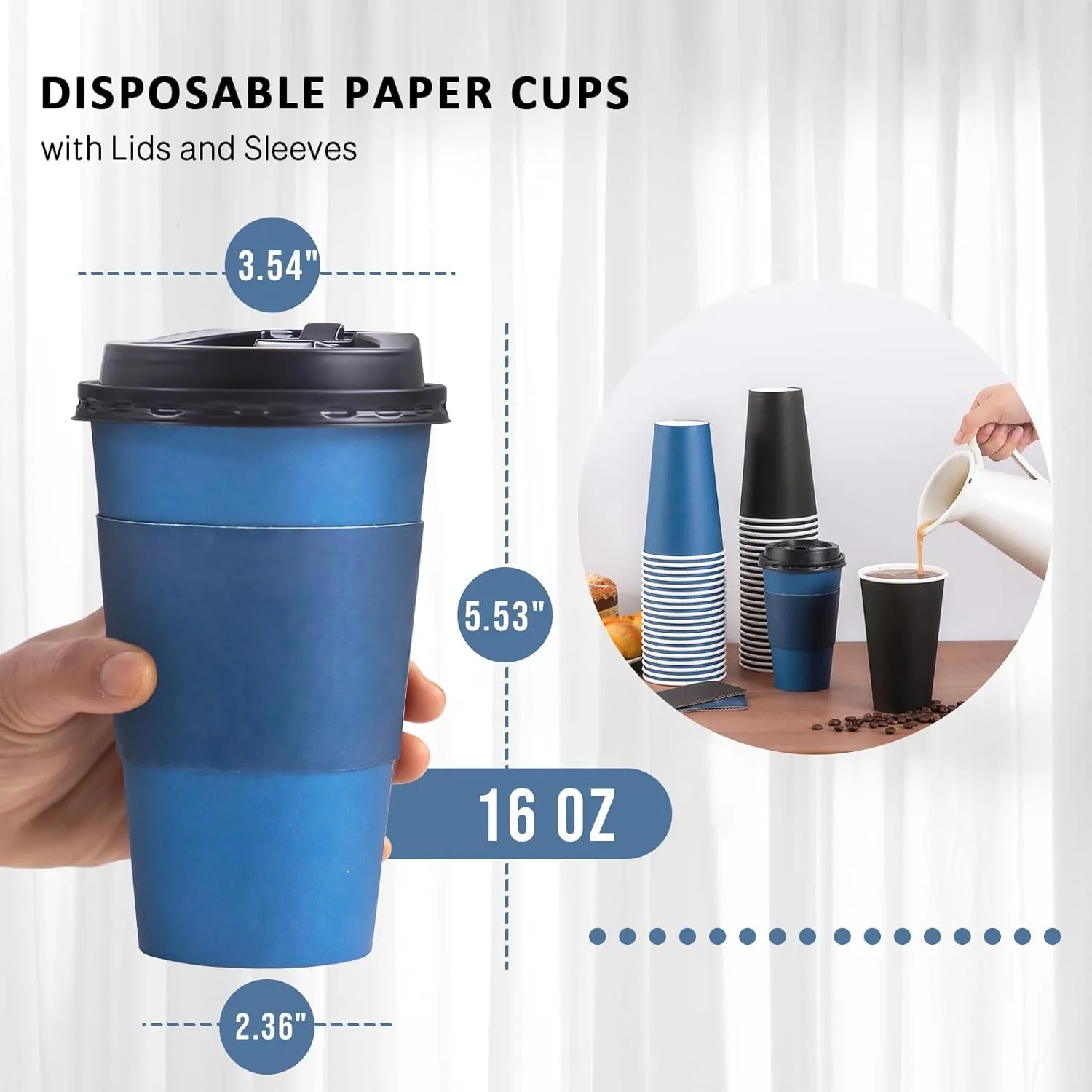 100 Pack 16 oz Disposable Coffee Cups with Lids and Sleeves, To Go Paper Cups, Hot & Cold Drinking Cups for Tea, Coffee, Water, Hot Chocolate, Paper Coffee Cups Ideal for Home,Cafes,Store