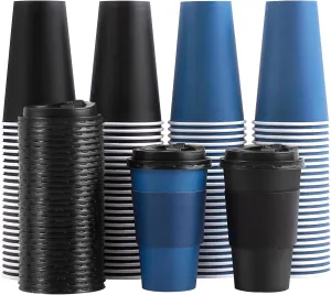 100 Pack 16 oz Disposable Coffee Cups with Lids and Sleeves, To Go Paper Cups, Hot & Cold Drinking Cups for Tea, Coffee, Water, Hot Chocolate, Paper Coffee Cups Ideal for Home,Cafes,Store