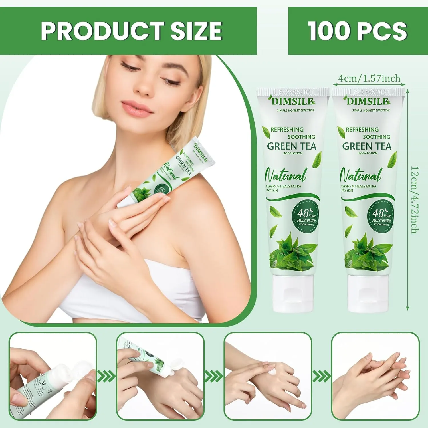100 Pack Green Tea Travel Size Body Lotion 1 oz Dry Skin Moisturizer with Flip Cap for Extra Dry Skin, for Inns and Hotels, Offices, Airlines, Gyms and More