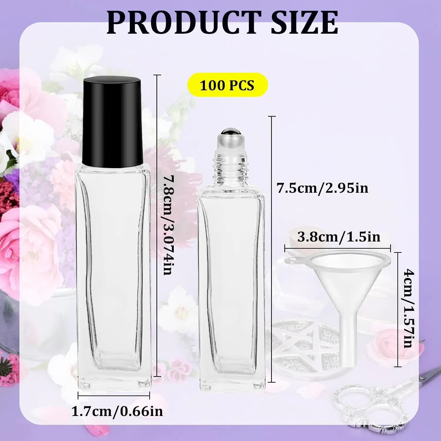 100 Pcs 10 ml Roller Bottles for Essential Oils, Square Thick Empty Glass Roller Bottles with Stainless Steel Roller Balls Protection Leakproof with 5 Funnel for Travel, Black