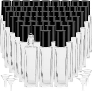 100 Pcs 10 ml Roller Bottles for Essential Oils, Square Thick Empty Glass Roller Bottles with Stainless Steel Roller Balls Protection Leakproof with 5 Funnel for Travel, Black