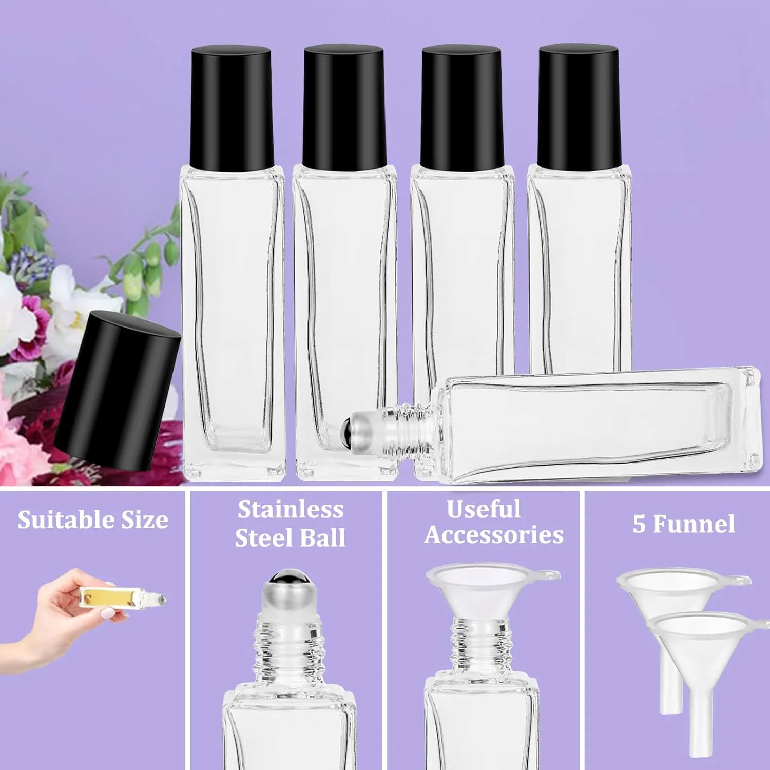 100 Pcs 10 ml Roller Bottles for Essential Oils, Square Thick Empty Glass Roller Bottles with Stainless Steel Roller Balls Protection Leakproof with 5 Funnel for Travel, Black