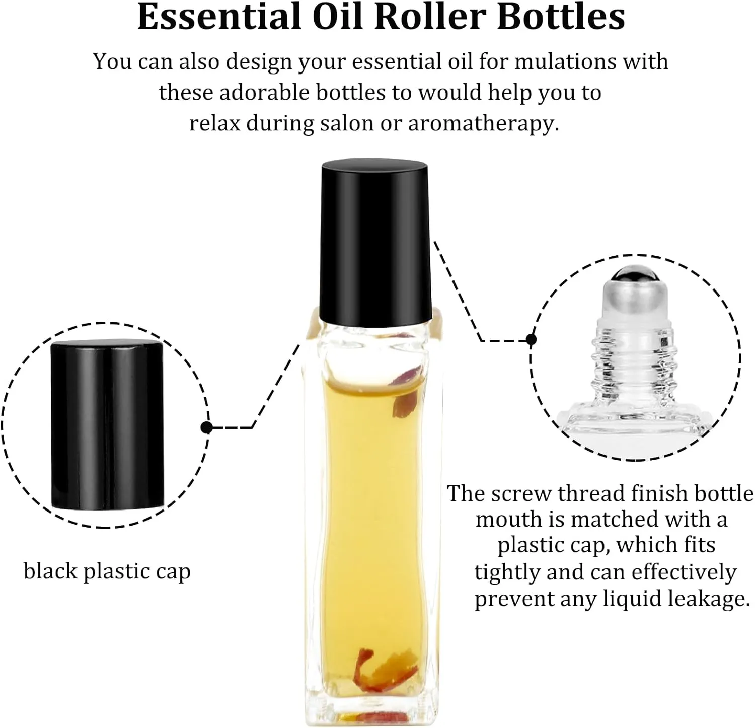 100 Pcs 10 ml Roller Bottles for Essential Oils, Square Thick Empty Glass Roller Bottles with Stainless Steel Roller Balls Protection Leakproof with 5 Funnel for Travel, Black