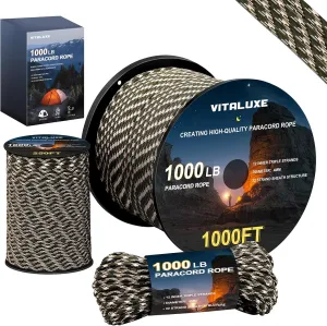 1000lb Paracord Rope, 4mm 12 Triple Strands Paracord, Heavy Duty Tactical Parachute Cord for Survival Gear, Camping, Hiking, and Ideal for Bracelets, Lanyards, Type III