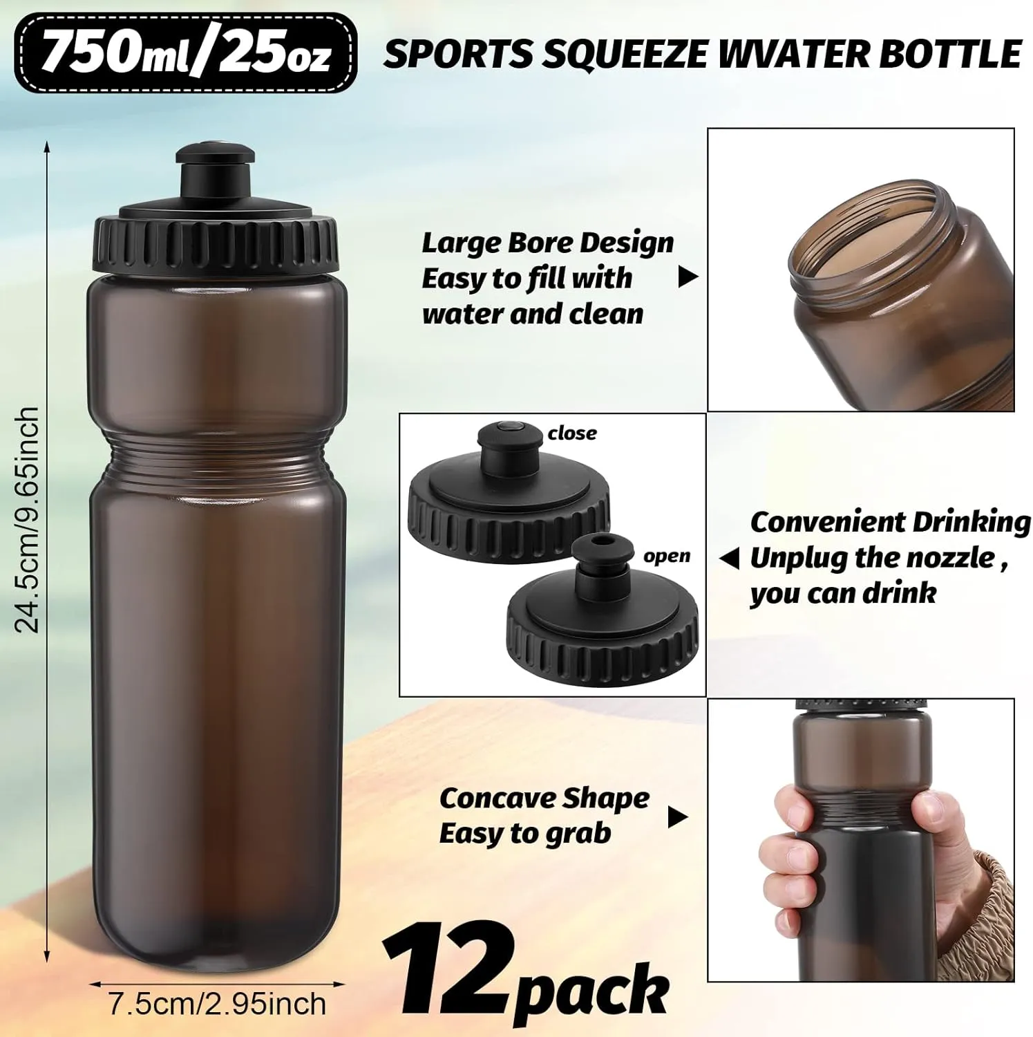 12 Pack Sports Squeeze Water Bottles 25 Oz with Easy Open Push/pull Cap Reusable Plastic Water Bottles for Bicycles Cycling Fitness Yoga Outdoor Sports