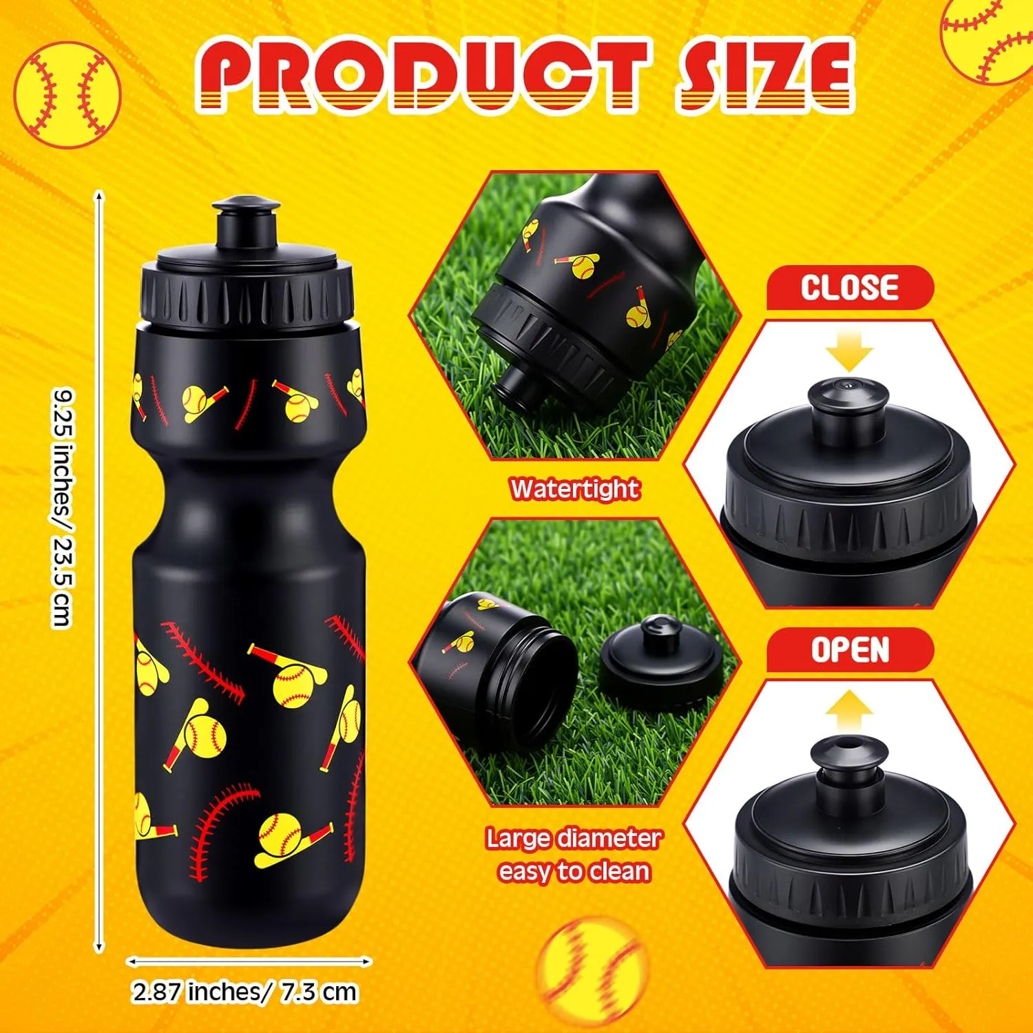 12 Pcs Softball Water Bottles Bulk 24 oz Reusable Squeeze Water Bottles Plastic Sports Bottle with Pull Top Cap Sports Gifts Tumbler for Travel Gym Softball Party Supplies (Black)