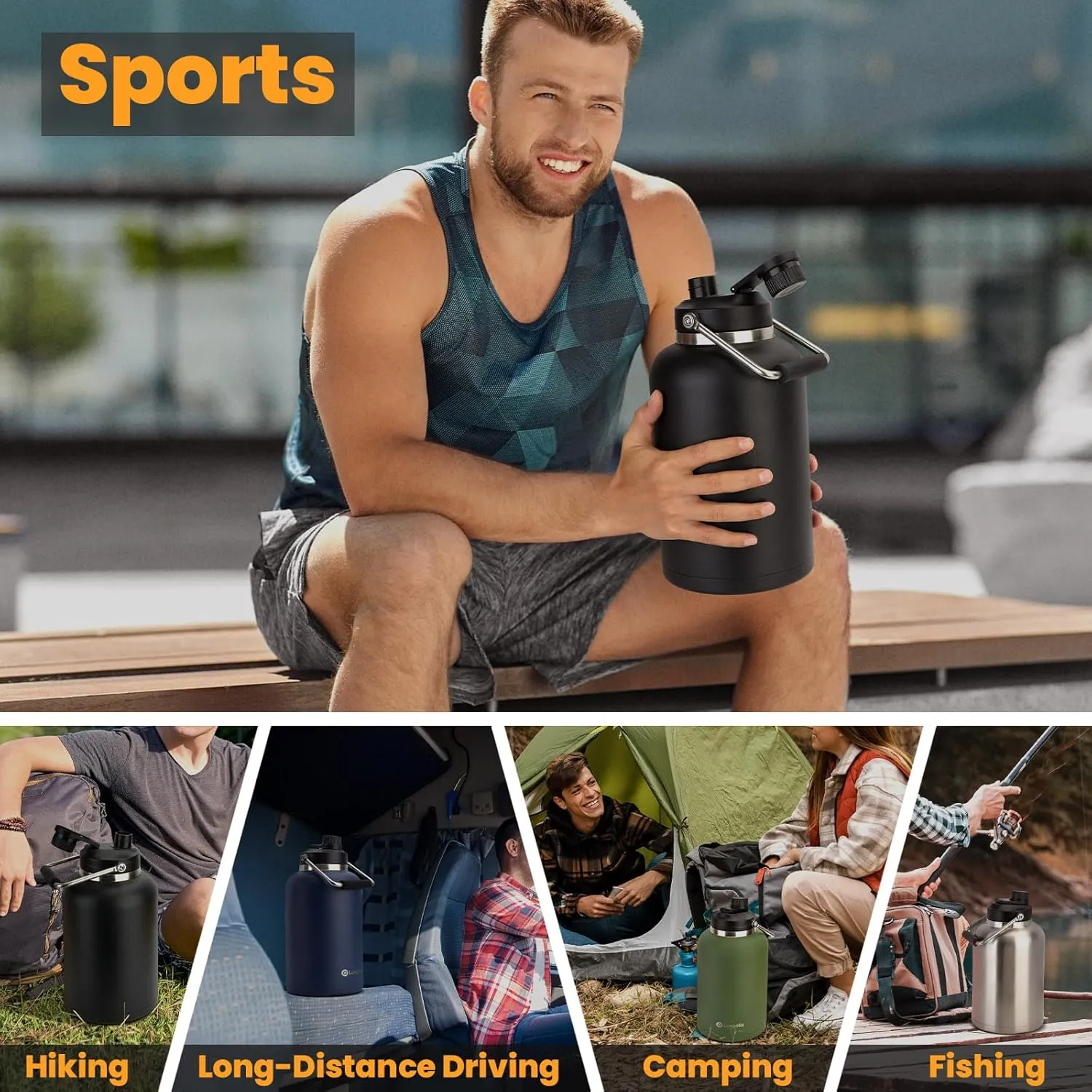 128 oz Insulated Water Bottle with Spout Lid and Handle, One Gallon Stainless Steel Double Vacuum Water Jug for Hot & Cold Drinks - Sweat Proof, Great for Travel, Hiking, Camping - Blue&Black