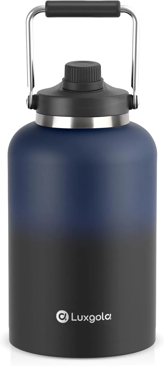 128 oz Insulated Water Bottle with Spout Lid and Handle, One Gallon Stainless Steel Double Vacuum Water Jug for Hot & Cold Drinks - Sweat Proof, Great for Travel, Hiking, Camping - Blue&Black