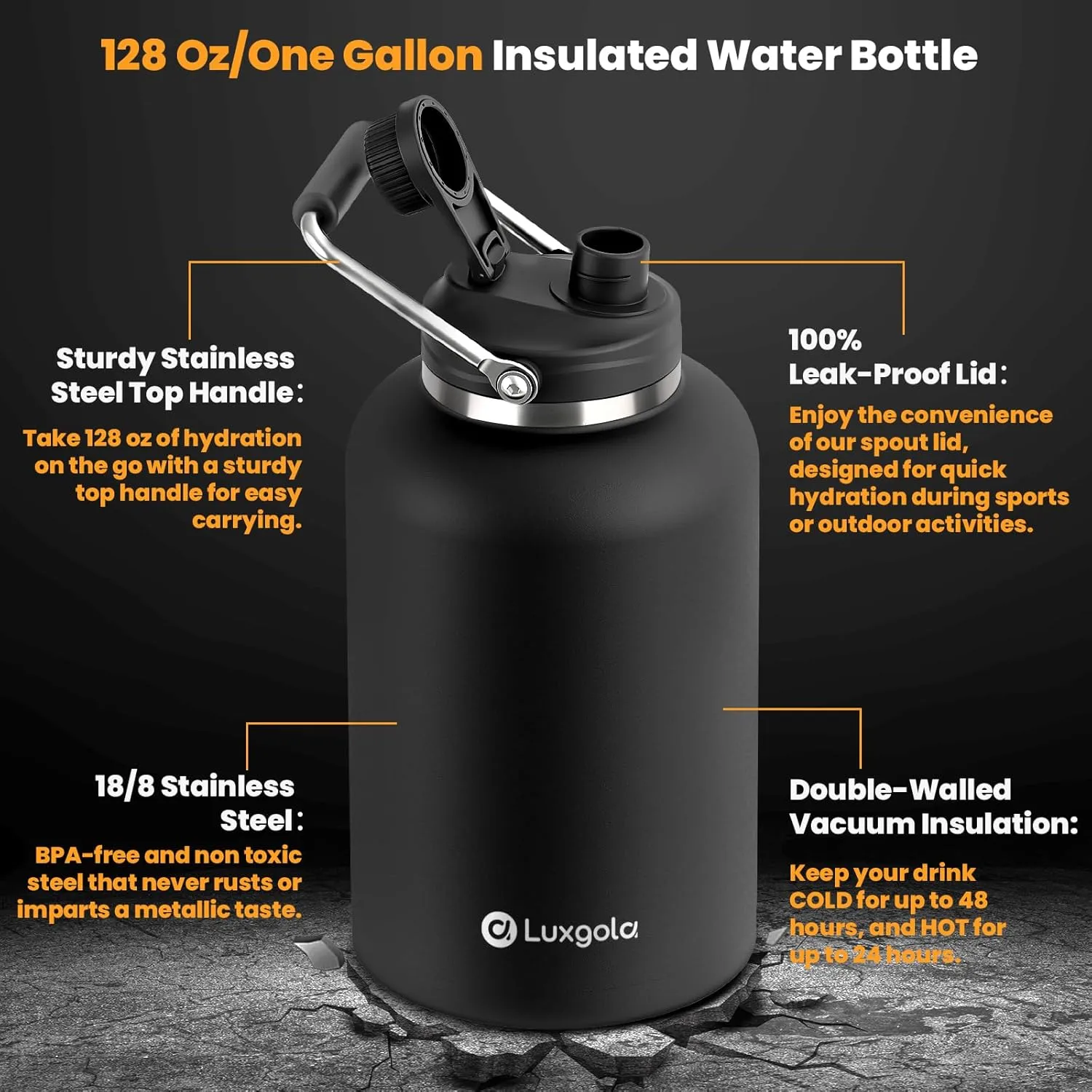 128 oz Insulated Water Bottle with Spout Lid and Handle, One Gallon Stainless Steel Large Double Vacuum Water Jug for Hot & Cold Drinks - Sweat Proof, Great for Travel, Hiking, Camping - Black