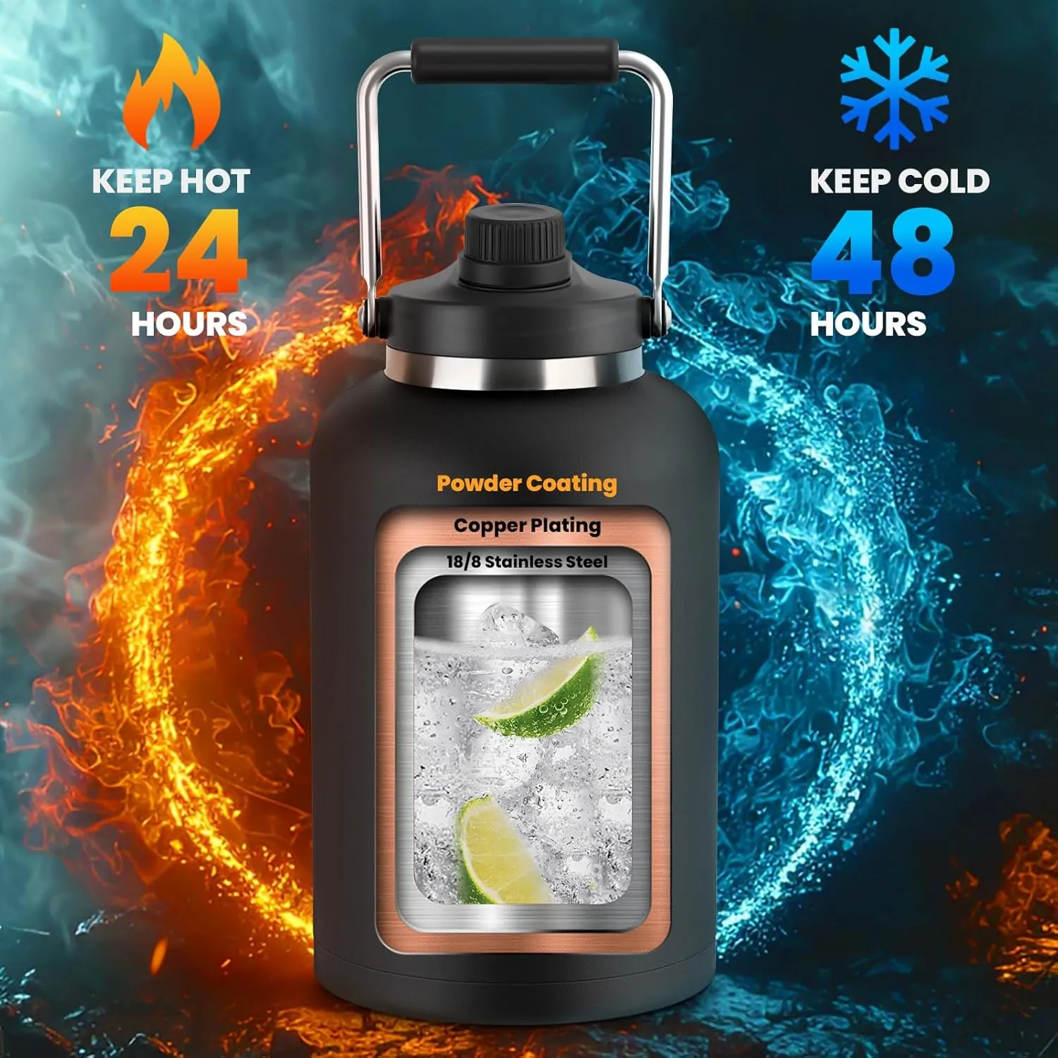 128 oz Insulated Water Bottle with Spout Lid and Handle, One Gallon Stainless Steel Large Double Vacuum Water Jug for Hot & Cold Drinks - Sweat Proof, Great for Travel, Hiking, Camping - Black