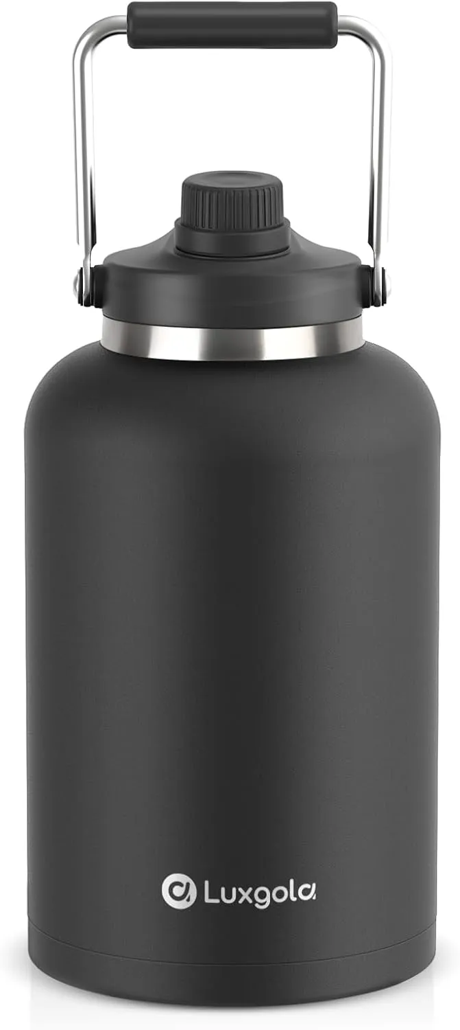 128 oz Insulated Water Bottle with Spout Lid and Handle, One Gallon Stainless Steel Large Double Vacuum Water Jug for Hot & Cold Drinks - Sweat Proof, Great for Travel, Hiking, Camping - Black
