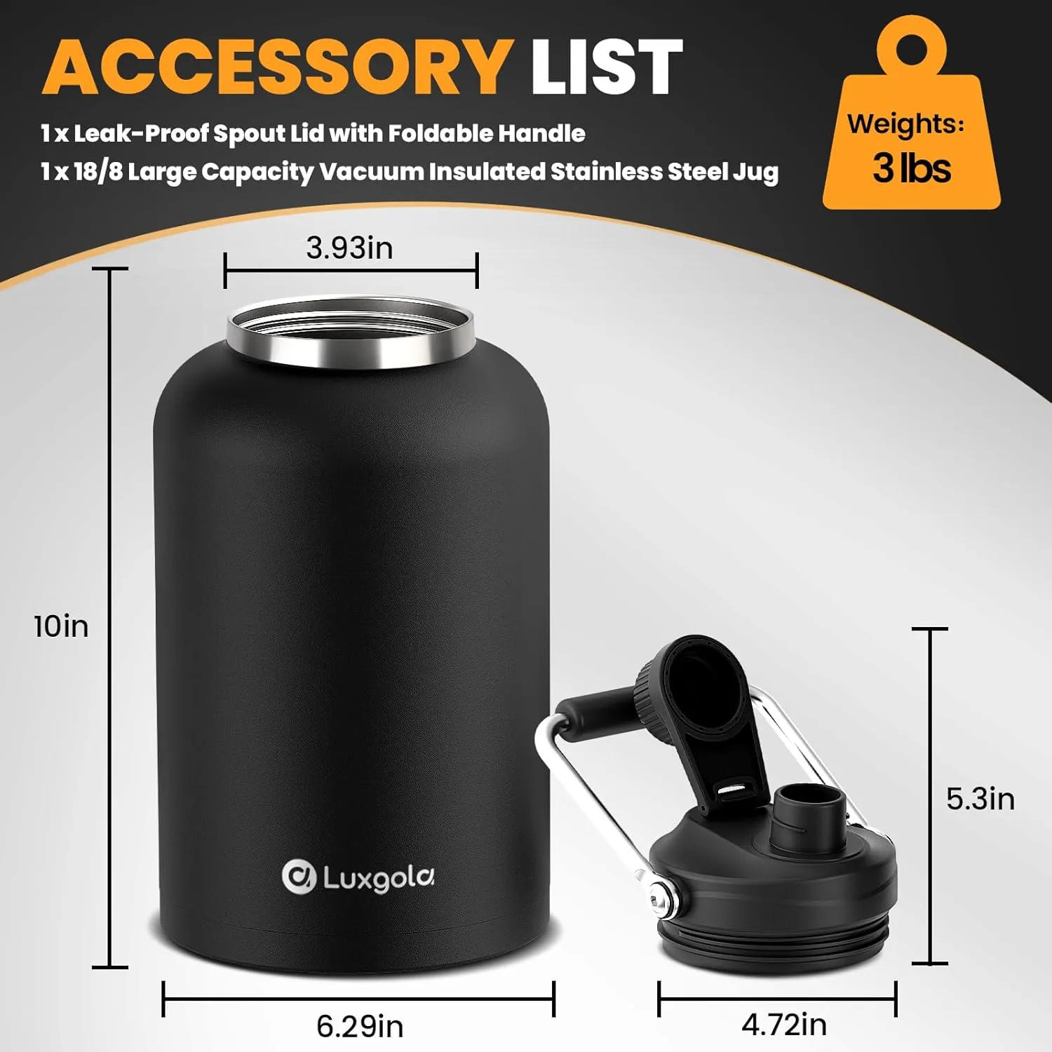 128 oz Insulated Water Bottle with Spout Lid and Handle, One Gallon Stainless Steel Large Double Vacuum Water Jug for Hot & Cold Drinks - Sweat Proof, Great for Travel, Hiking, Camping - Black