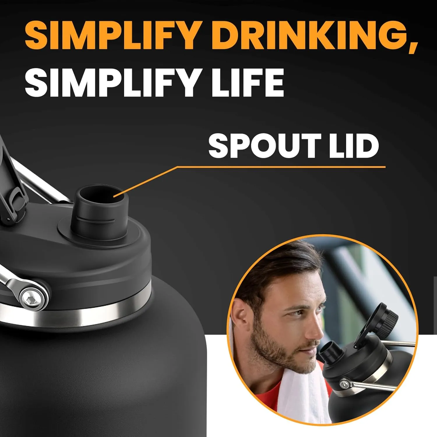128 oz Insulated Water Bottle with Spout Lid and Handle, One Gallon Stainless Steel Large Double Vacuum Water Jug for Hot & Cold Drinks - Sweat Proof, Great for Travel, Hiking, Camping - Black