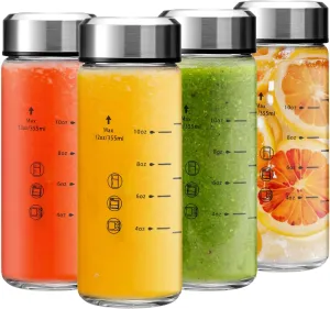 12oz Juice Bottles - 4 Pack Wide Mouth Glass Bottles with Lids- BPA Free, Stainless Steel Lids for Juicing, Smoothies, Infused Water, Beverage Storage - Leakproof, Borosilicate, Clear