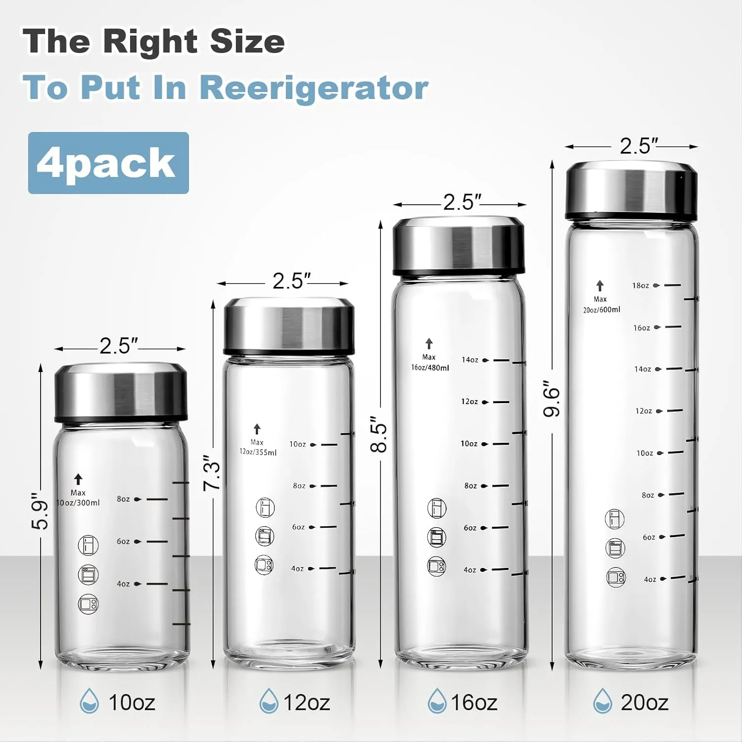 12oz Juice Bottles - 4 Pack Wide Mouth Glass Bottles with Lids- BPA Free, Stainless Steel Lids for Juicing, Smoothies, Infused Water, Beverage Storage - Leakproof, Borosilicate, Clear