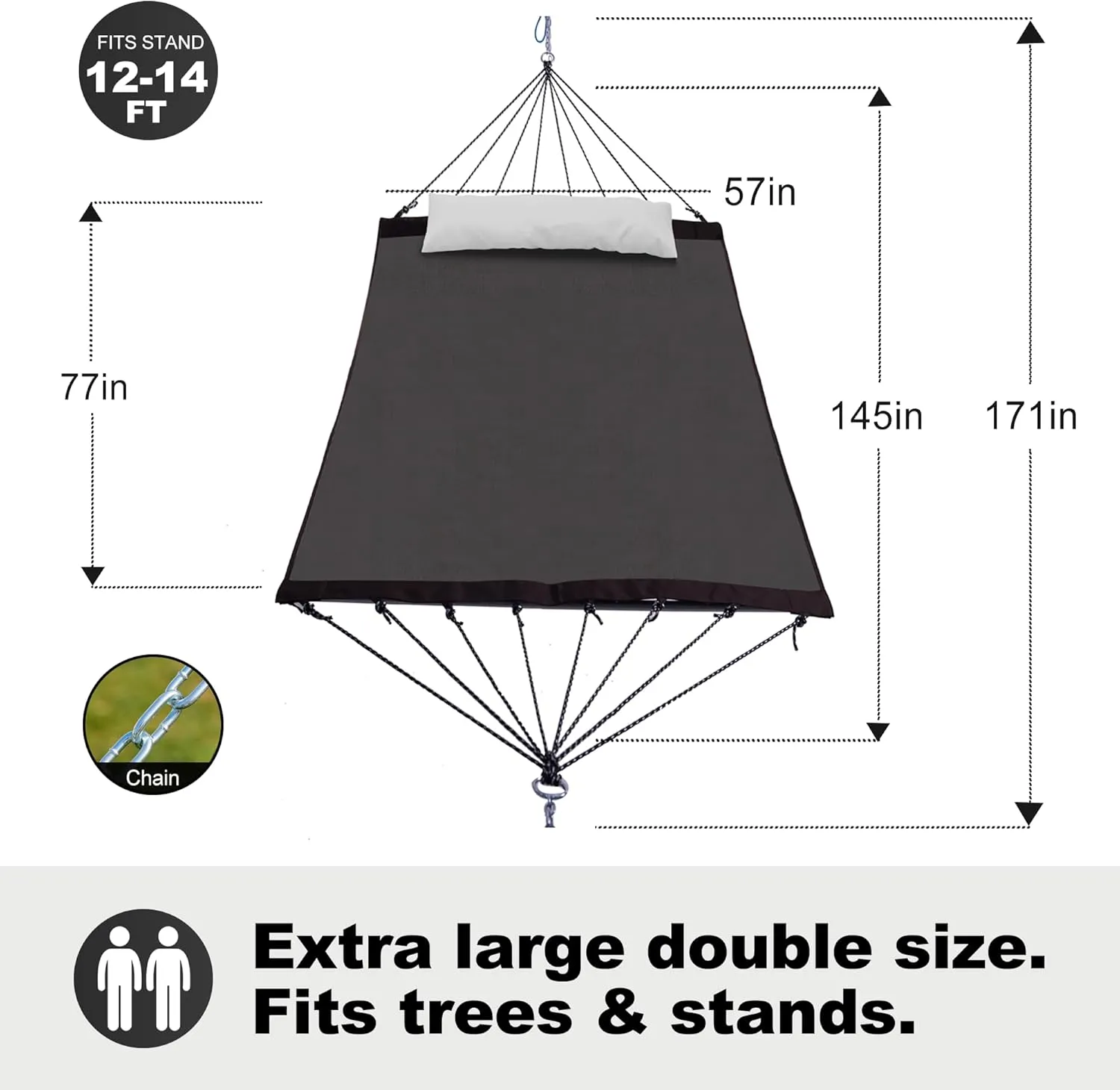 14ft Two Person Outdoor Hammock, Portable Camping with Folding Steel Spreader Bar, Carrying Bag, Carabiners, Tree Straps, Pillow, Quick Dry Textilene, 550 lbs Capacity (Glorious Black Golden)