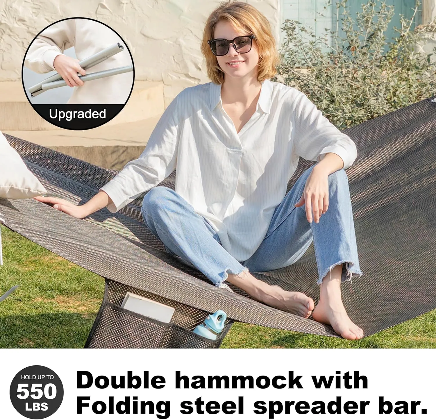 14ft Two Person Outdoor Hammock, Portable Camping with Folding Steel Spreader Bar, Carrying Bag, Carabiners, Tree Straps, Pillow, Quick Dry Textilene, 550 lbs Capacity (Glorious Black Golden)
