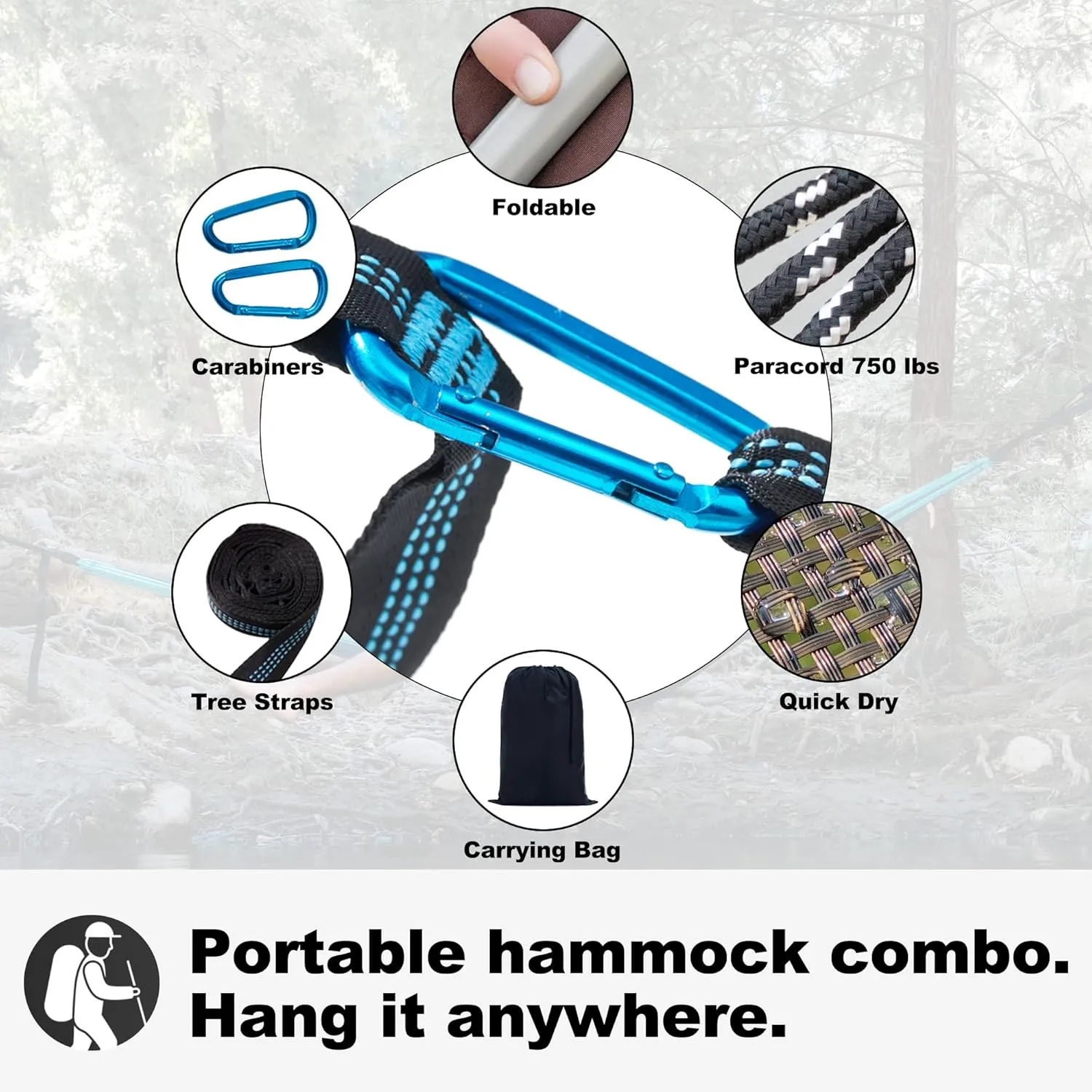 14ft Two Person Outdoor Hammock, Portable Camping with Folding Steel Spreader Bar, Carrying Bag, Carabiners, Tree Straps, Pillow, Quick Dry Textilene, 550 lbs Capacity (Glorious Black Golden)