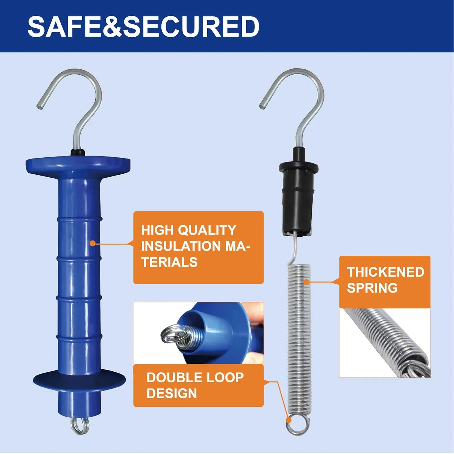 15 Pack Electric Fence Insulated Plastic gate Handle with Internal Spring and Double Ring end, Blue