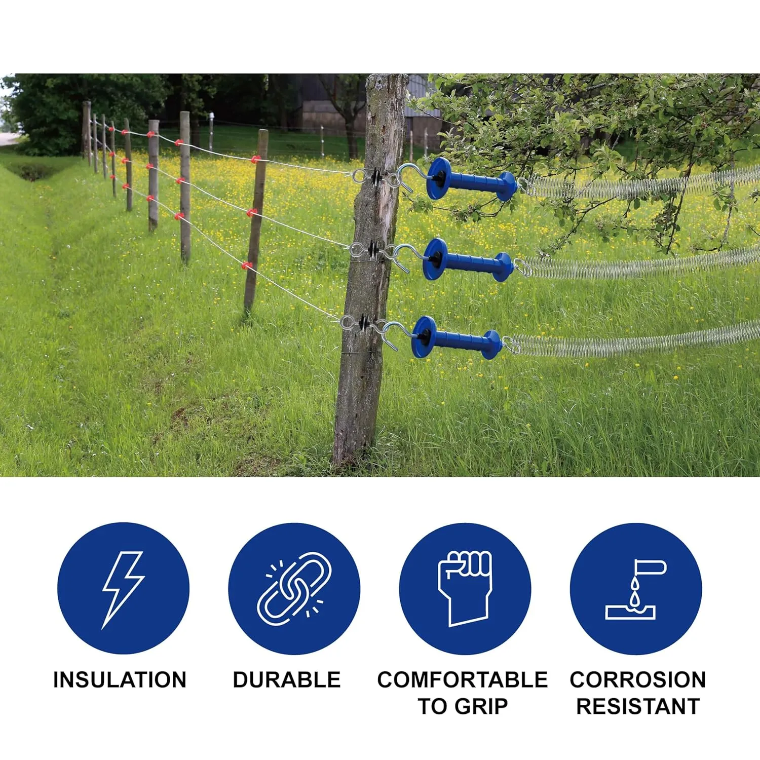 15 Pack Electric Fence Insulated Plastic gate Handle with Internal Spring and Double Ring end, Blue