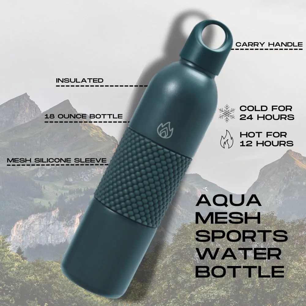 18 Oz Aqua Mesh Insulated Sports Water Bottle with Screw Top Lid, Leak Proof Stainless Steel Water Bottle with Handle, Spill Proof Thermos or Water Jug for Gym, Home or Office Chug-Dark Slate