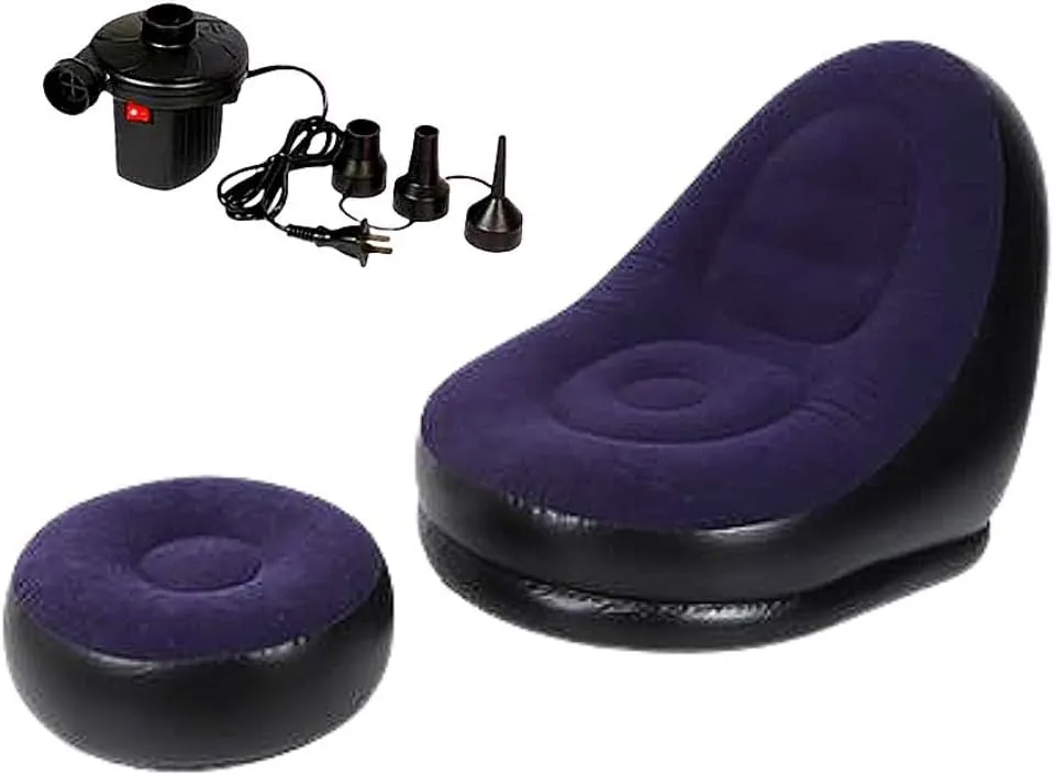2-in-1 Blue/Black Lounge Sofa Bed Set, Folding Portable Inflatable Lazy Flocking Recliner Chair with Footstool and Air Pump -