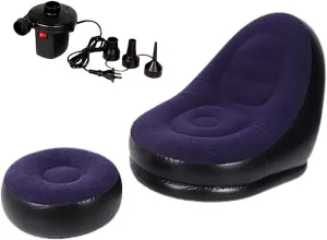 2-in-1 Blue/Black Lounge Sofa Bed Set, Folding Portable Inflatable Lazy Flocking Recliner Chair with Footstool and Air Pump -