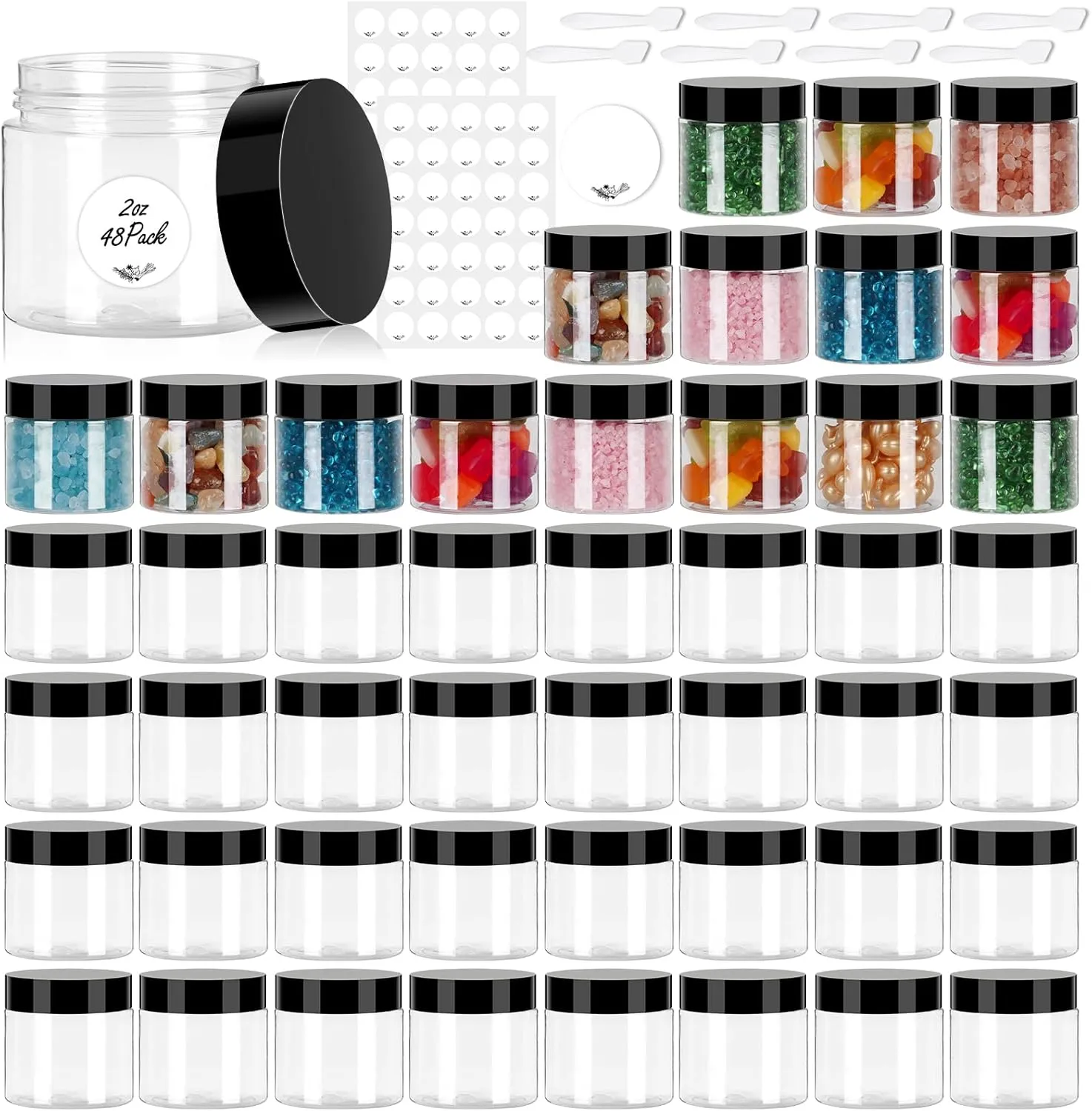 2 OZ Plastic Containers with lids 48 Pack, Plastic Jars. Reusable Leakproof Travel Storage Jars for Lotion, Makeup, Ointments, Sample Containers, Slime & Beauty Products