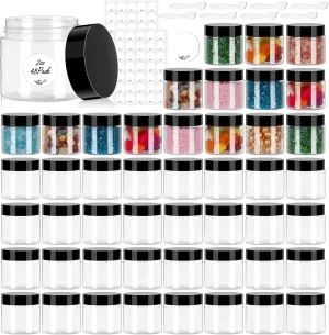 2 OZ Plastic Containers with lids 48 Pack, Plastic Jars. Reusable Leakproof Travel Storage Jars for Lotion, Makeup, Ointments, Sample Containers, Slime & Beauty Products
