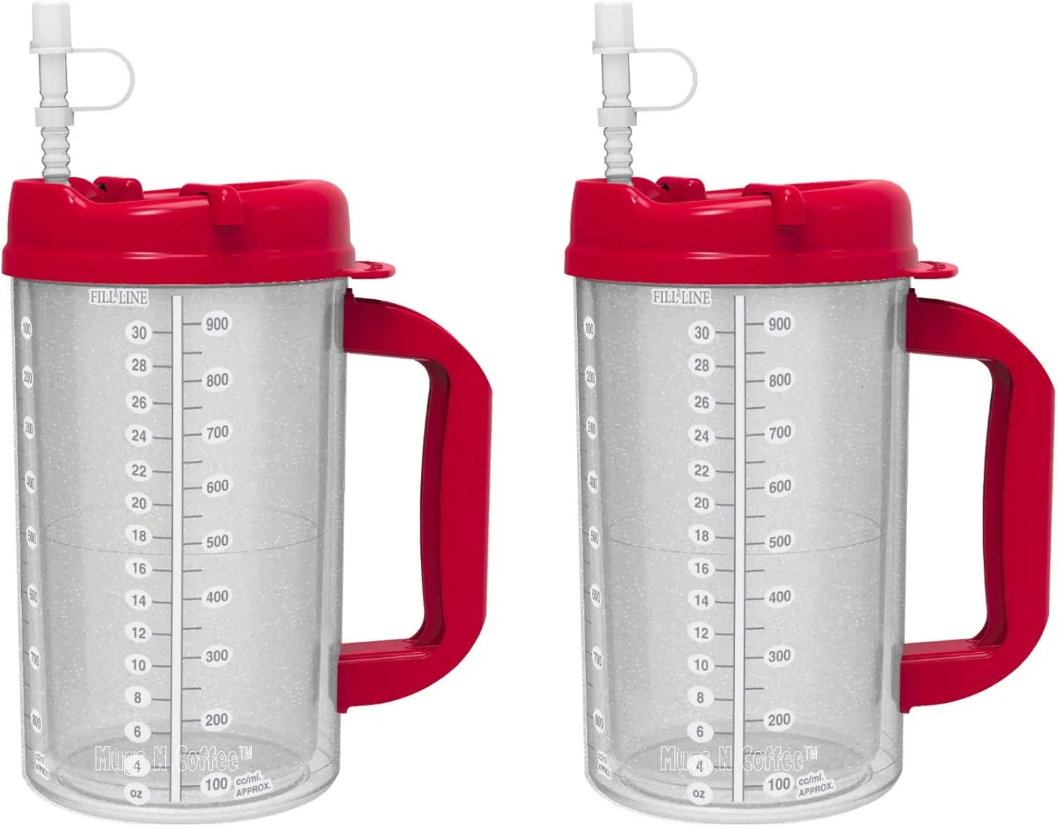 2 Pack of 32 oz Red Double Wall Insulated Hospital Mugs - Cold Drink Mugs - New Swivel Lid Design - Includes 11" Straws (2)