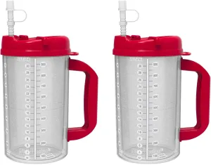 2 Pack of 32 oz Red Double Wall Insulated Hospital Mugs - Cold Drink Mugs - New Swivel Lid Design - Includes 11" Straws (2)