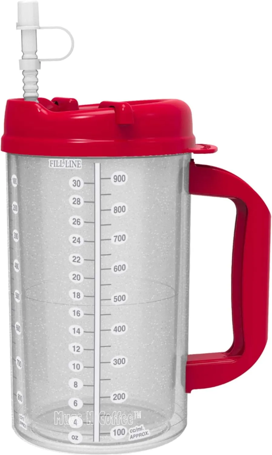 2 Pack of 32 oz Red Double Wall Insulated Hospital Mugs - Cold Drink Mugs - New Swivel Lid Design - Includes 11" Straws (2)