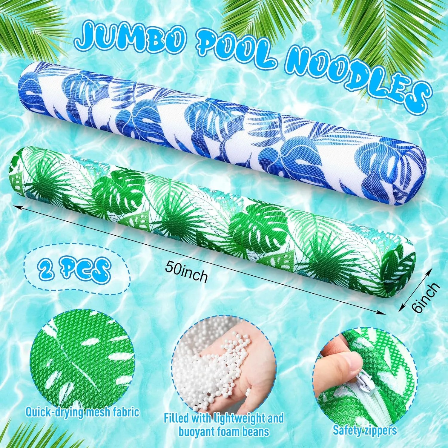 2 Pack Pool Floats Foam Noodles for Adults Jumbo 50 x 6 Inch Swim Noodles Non Inflatable Soft Quick-Drying Mesh Fabric Covered Large Bean Bag Pool Floats for Summer Beach Party(Leaf)