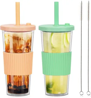 2 Pack Reusable Boba Tea Cups, 24oz Iced Coffee Cup with Straw and Lid, Leakproof Clear Plastic Cups Tumbler, Double Wall Insulated Smoothie Tumbler, Wide Straw for Bubble Tea, Green & Orange