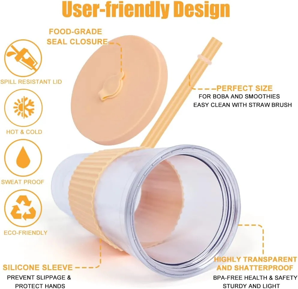 2 Pack Reusable Boba Tea Cups, 24oz Iced Coffee Cup with Straw and Lid, Leakproof Clear Plastic Cups Tumbler, Double Wall Insulated Smoothie Tumbler, Wide Straw for Bubble Tea, Green & Orange