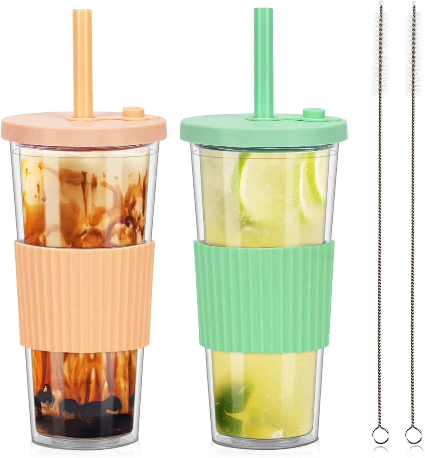 2 Pack Reusable Boba Tea Cups, 24oz Iced Coffee Cup with Straw and Lid, Leakproof Clear Plastic Cups Tumbler, Double Wall Insulated Smoothie Tumbler, Wide Straw for Bubble Tea, Green & Orange