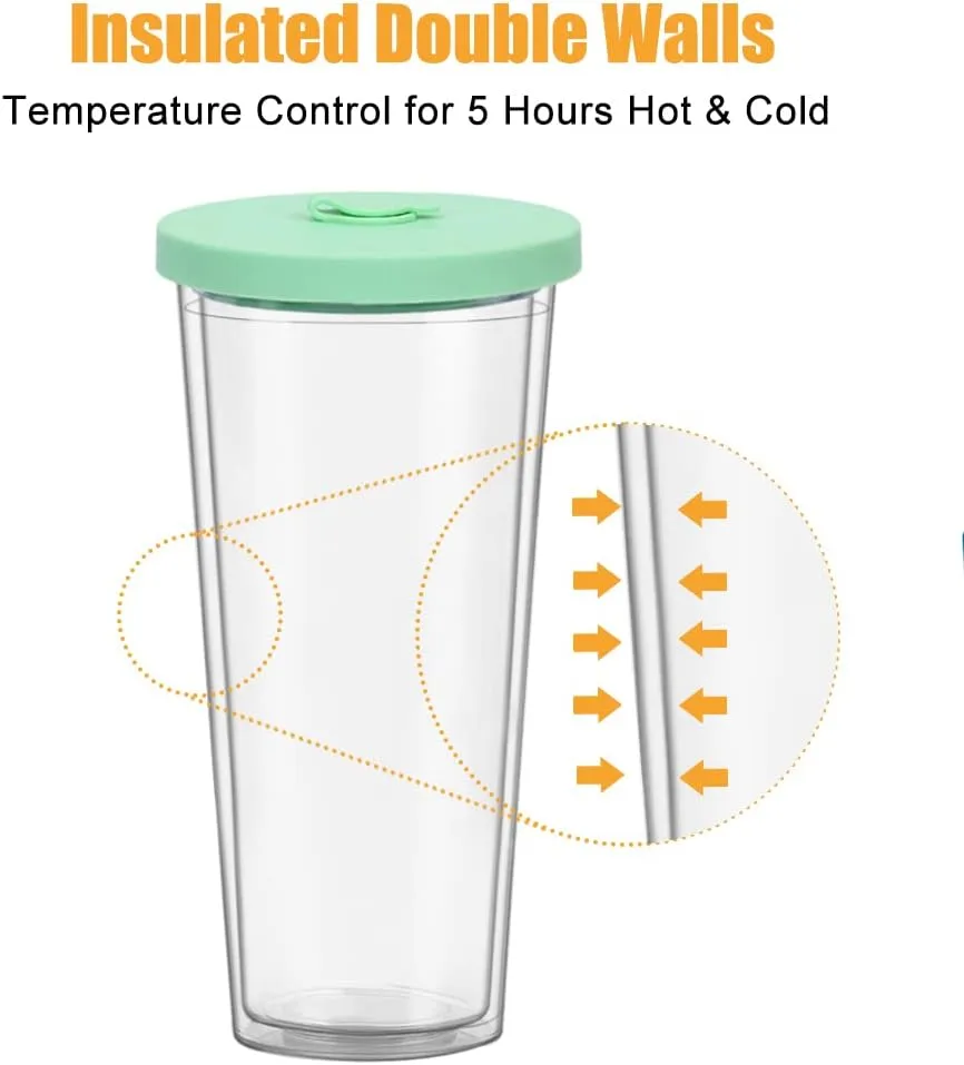 2 Pack Reusable Boba Tea Cups, 24oz Iced Coffee Cup with Straw and Lid, Leakproof Clear Plastic Cups Tumbler, Double Wall Insulated Smoothie Tumbler, Wide Straw for Bubble Tea, Green & Orange