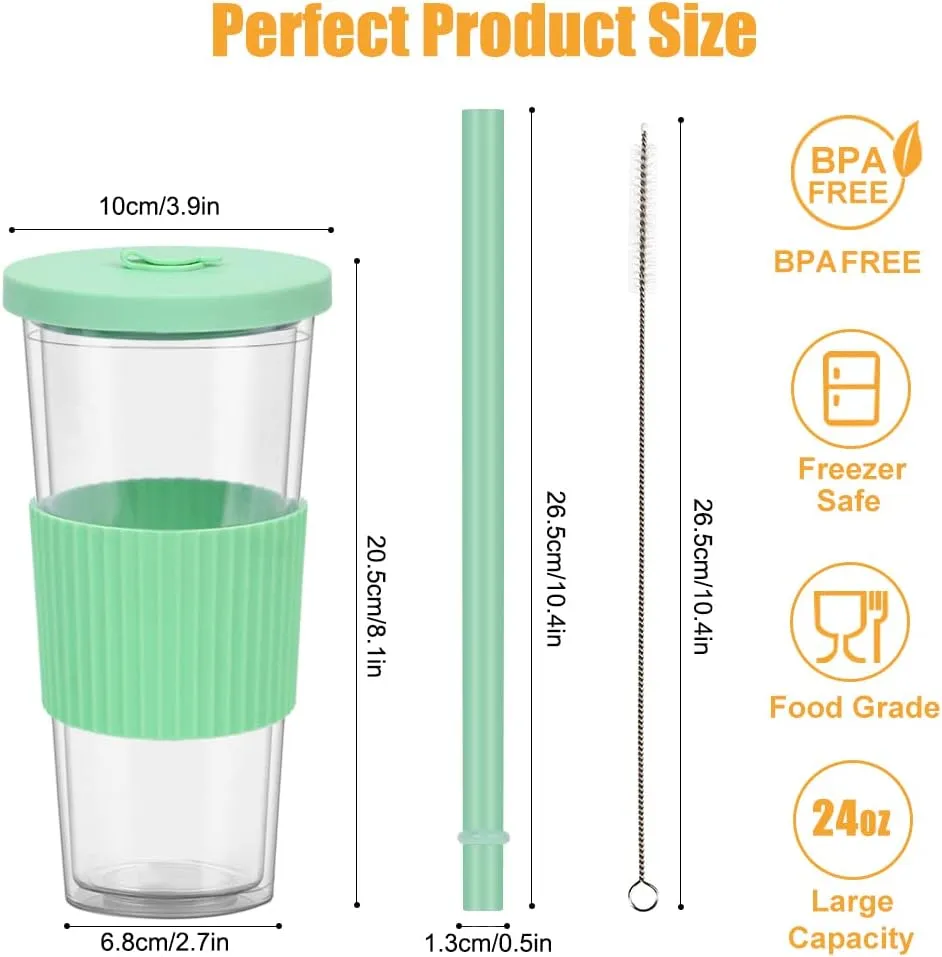 2 Pack Reusable Boba Tea Cups, 24oz Iced Coffee Cup with Straw and Lid, Leakproof Clear Plastic Cups Tumbler, Double Wall Insulated Smoothie Tumbler, Wide Straw for Bubble Tea, Green & Orange