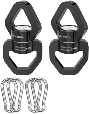 2 Pack Swing Swivel Hook, 35KN Aluminium Alloy Swing Swivel Heavy Duty, Swing Spinner For Children's Swing,Aerial Yoga,Web Tree Swing,Hanging Hammock Indoor Outdoor(Black with 4 Carabiners)